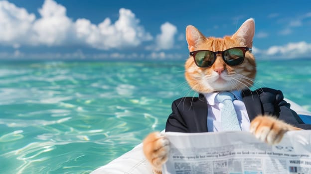 Cat in Suit Relaxes with Newspaper at Sea, Feline Executive.