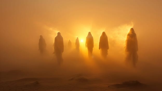 Group of people enjoying sunset on sandy beach during travel adventure