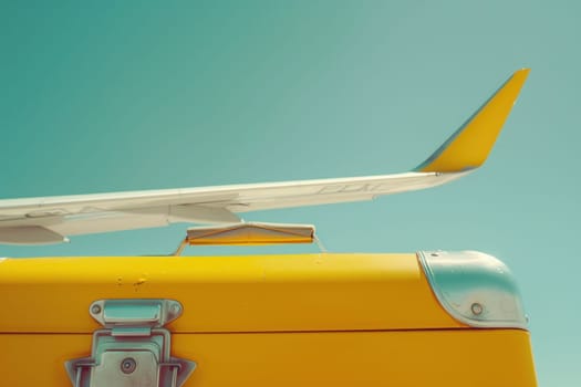 Travel in style yellow suitcase on airplane wing against blue sky background