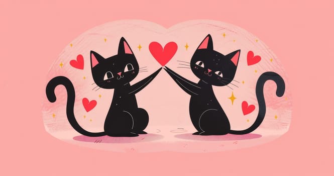Romantic black cats holding hands surrounded by beautiful pink hearts, love and affection concept