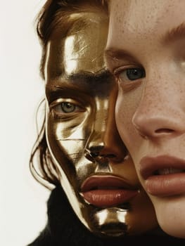 Golden glamour two women with metallic face paint in black and gold sweaters, beauty and fashion concept