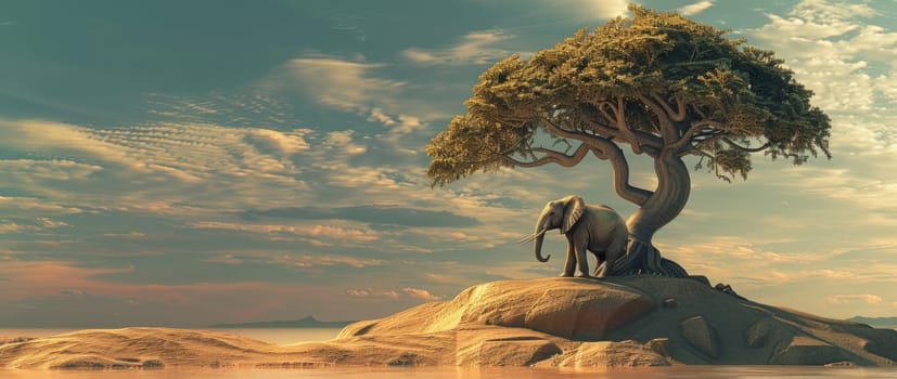 Elephant standing on top of rock with tree in front, nature travel adventure concept for wildlife safari trip