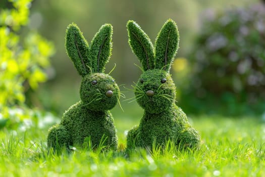 Topiary rabbits relaxing on grass in front of lush green bush and trees with scenic background