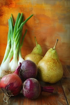 Wooden table with onions, pears, and green onions as decorative display for farmtotable restaurant or farmers market booth