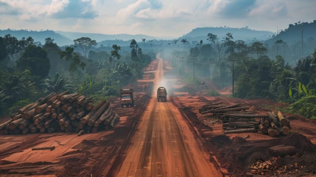 Truck driving through forest on dirt road with trees in background for travel and nature exploration concept