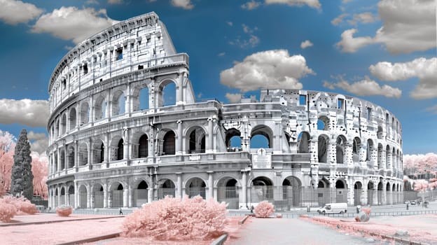 The iconic colosseum in rome, italy captured in an enchanting infrared image for travel enthusiasts