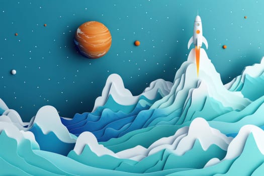 Rocket flying over majestic mountain with planet in the sky paper art style illustration