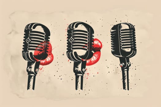 Vintage microphones with red lipstick on grunge background for beauty and music enthusiasts