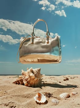 Golden handbag floating among seashells on beach fashionable accessory for beach travel and summer vibes