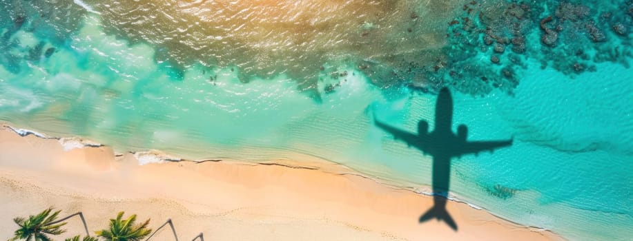 Airplane shadow on tropical beach with palm trees and turquoise water, travel and beauty concept