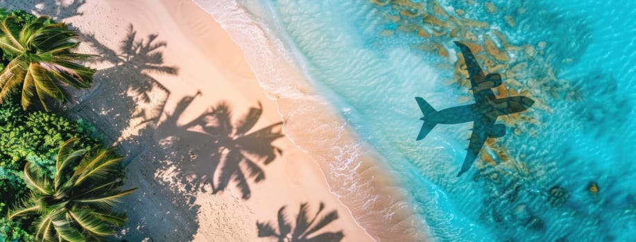 Aerial view of an airplane landing on a tropical beach with palm trees and turquoise water for travel magazine cover