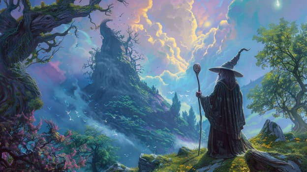 Wizard contemplating majestic mountain landscape with trees and clouds in the background on a magical journey