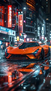 A sleek orange vehicle with automotive lighting is speeding down a wet city street at night, showcasing its modern automotive design and shiny hood