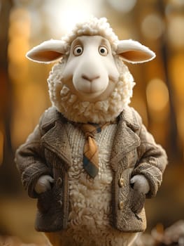 A toy sheep dressed in a smart jacket and tie, a whimsical gesture combining a working animal with a touch of art. The happy animal figure boasts a fawn snout, embodying terrestrial charm