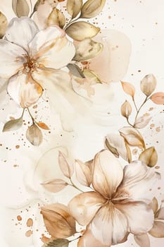 Elegant, vertical watercolor background featuring beige blossoms delicately painted, providing gentle and airy feel, perfect for weddings or artistic displays with ample copy space. Generative AI