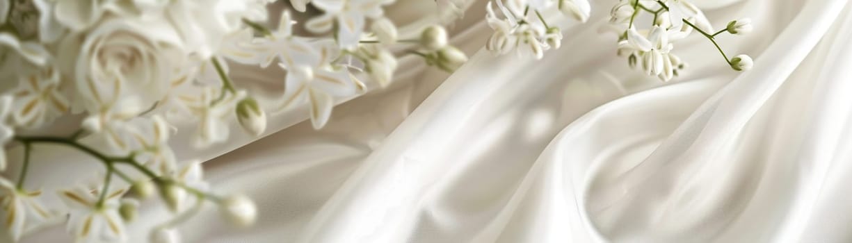 Elegant wedding background featuring soft, creamy silk fabric adorned with delicate white flowers, offering a rich texture and ample copy space for romantic themes. Panoramic banner. Generative AI