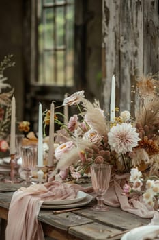 Elegantly set boho-style wedding table featuring rustic wooden elements, pastel floral arrangements, pampas grass, vintage glassware, creating dreamy and intimate reception atmosphere. Generative AI