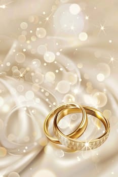 Luxurious wedding background with two intertwined golden rings on a soft satin fabric, bathed in a gentle glow and sparkles, ideal for romantic and elegant themes with ample copy space. Generative AI