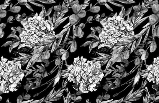 Summer pattern with hydrangea flowers drawn in pencil and watercolor for textiles and design