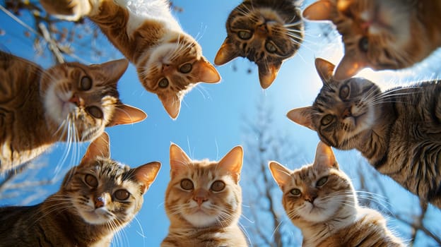A group of Felidae, small to mediumsized cats, with whiskers, are photographing the sky, typical behavior for this carnivorous mammal species