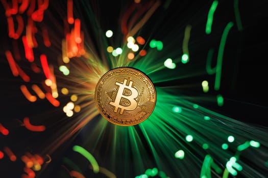 Glowing Bitcoin cryptocurrency against the background of fiber optic cables. Bitcoin digital cryptocurrency consisting of dots and lines, cryptocurrency mining. cryptocurrency exchange