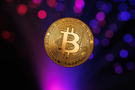 Glowing Bitcoin cryptocurrency against the background of fiber optic cables. Bitcoin digital cryptocurrency consisting of dots and lines, cryptocurrency mining. cryptocurrency exchange