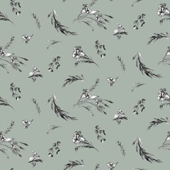 Botanical pattern with black and white eustoma flowers on a gray green background. Seamless pattern for girls and women dresses textile and surface design