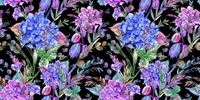 Seamless watercolor pattern drawn in pencil with hydrangeas and summer plants