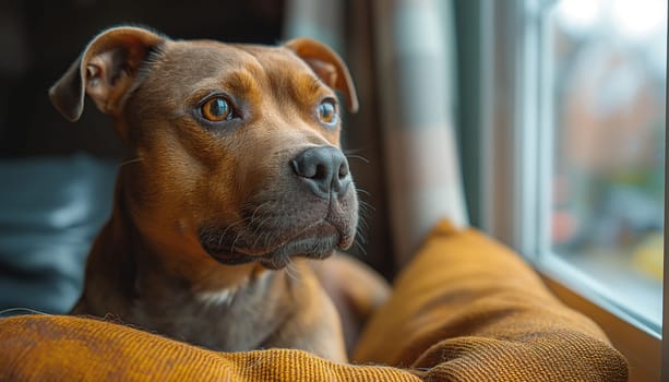 Adorable brown Staffordshire Terrier puppy sitting on a cozy cushion, looking out the window
