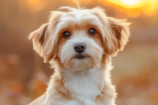 Adorable puppy dog portrait outdoor at sunset with cute furry pet and playful nature