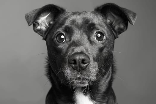 Black and white portrait of adorable puppy dog with expressive eyes and ears