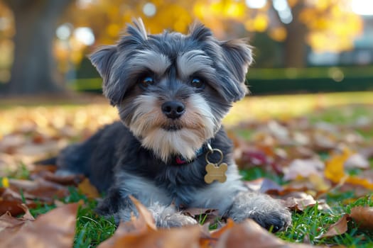 Adorable cute puppy dog laying on autumn leaves in the park during fall season