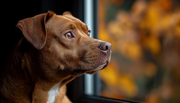 Thoughtful brown dog inside looking out window at autumn leaves