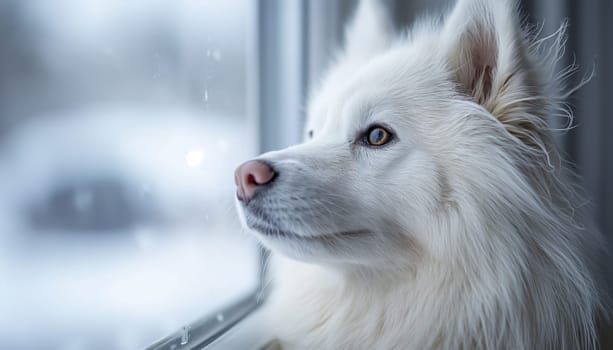 Samoyed dog portrait by window in winter snow, looking outside, white fluffy pet