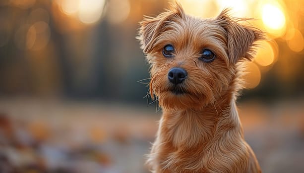 Adorable brown terrier puppy with cute eyes and fur in autumn forest during sunset