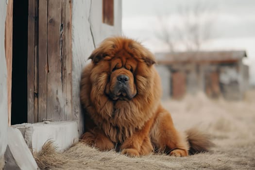 Fluffy Chow Chow dog resting by a rustic barn, furry and adorable pet outdoors with cute eyes