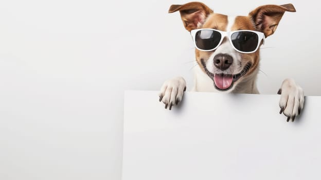 Happy, smiling dog in sunglasses looking adorable and cute in a fun, joyful summer evening