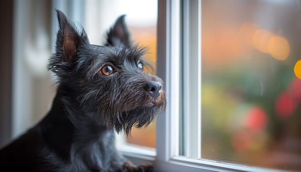 Dog looking out the window with bright eyes and black fur, capturing a curious and gentle indoor scene