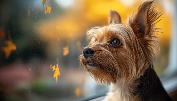 Yorkshire dog looking through a window with autumn leaves, cute pet with eyes and fur