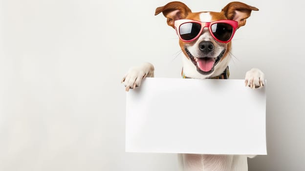 Cute dog with sunglasses holding a blank sign poster, smiling and looking so happy and funny