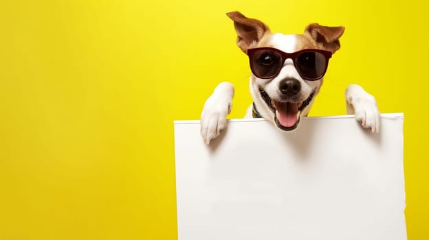 Happy dog wearing sunglasses with yellow background and blank poster, smiling cute and funny