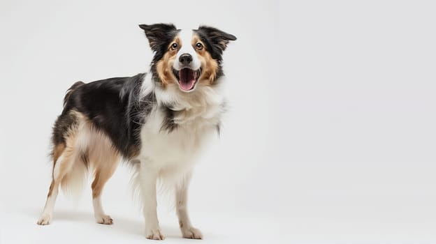 Border Collie dog with black, white, and brown fur standing posing happily on white background