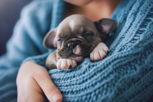 Cute sleeping puppy snuggled in blue sweater, resting cozy and adorable in small hands