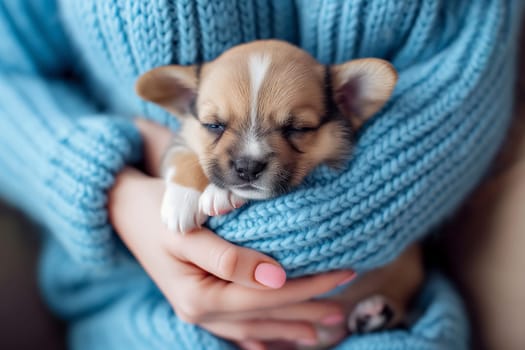 Cute pup snuggling in blue knitted sweater, cozy hands holding sleeping puppy for warmth