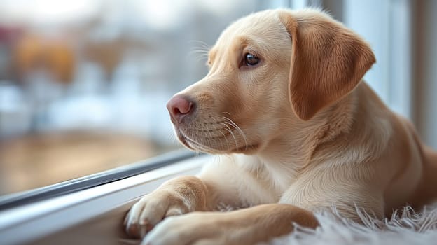 Adorable puppy dog looking cute and pensive by the window in a domestic home setting