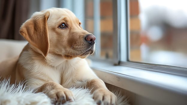 Cute Labrador puppy relaxing indoors by the window, with fur and pet features