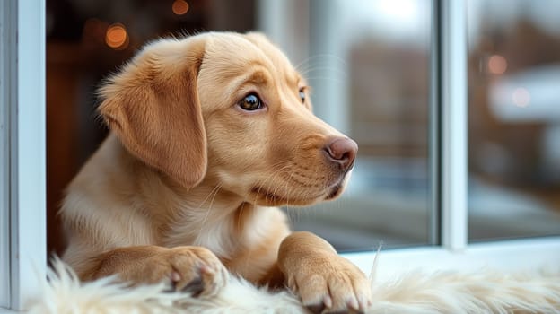 Cute puppy dog with adorable features sitting by window looking out, young and domestic