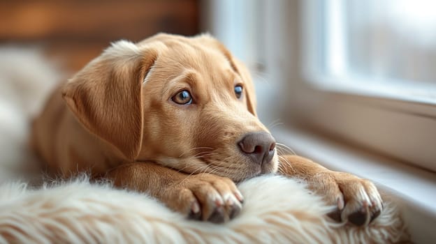 Cute golden puppy dog lying by the window in a cozy home, looking adorable and furry