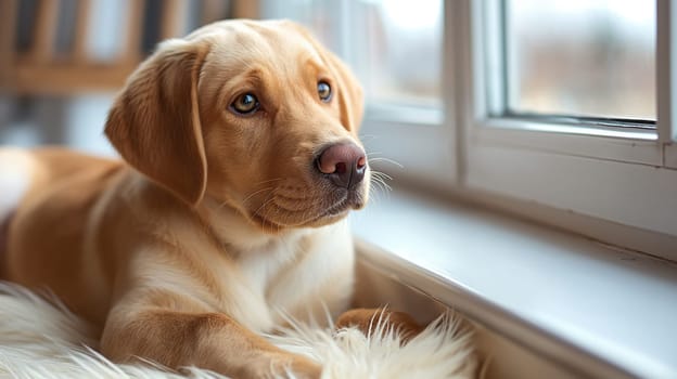 Cute golden retriever puppy dog indoors, adorable and fluffy young pet