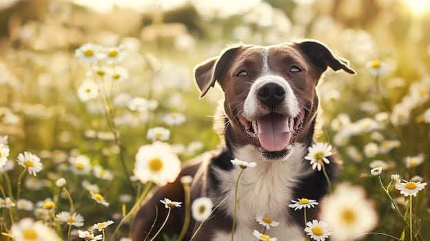 Happy dog in a field of daisies, smiling in the sunlight surrounded by nature and flowers outdoors